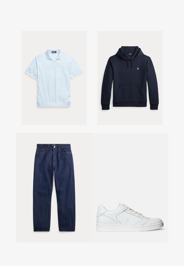 Tmavomodrá mikina s kapucňou so šnúrkou, predným klokanie vreckom, dlhými rukávmi a malým bielym logom Polo Ralph Lauren na hrudi.; Svetlomodrá polokošeľa s krátkymi rukávmi, výstrihom do V a rebrovaným golierom. Na hrudi má malé logo a priliehavý lem. Jemná textúra látky.; Tmavomodré riflové nohavice s priamymi nohavicami, piatimi vreckami, zapínaním na gombíky a viditeľným šitím.; Biele kožené tenisky s hladkým povrchom, obsahujúce perforovanú špičku, šnúrkové uzatvorenie a vyšívané logo na boku. Biela gumová podrážka.