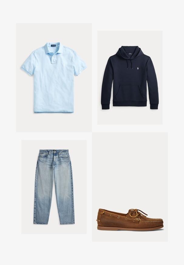 Sudadera con capucha azul navy oscuro con bolsillo canguro delantero, capucha con cordón, mangas largas y pequeño logo blanco de Polo Ralph Lauren en el pecho.; Polo de color azul claro de manga corta, con cuello, tapeta con dos botones y logotipo bordado sutil en el pecho izquierdo.; Vaqueros de mezclilla azul claro con un corte holgado. Presentan una cintura alta, cinco bolsillos y costuras visibles. La superficie es ligeramente texturizada.; Zapato náutico de cuero marrón con costura de mocasín, detalle de cordones pasados por ojales metálicos y suela de goma plana visto de perfil.
