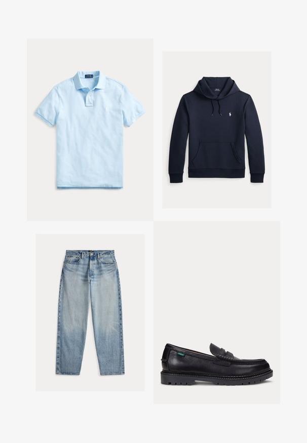 Tmavomodrá mikina s kapucňou so šnúrkou, predným klokanie vreckom, dlhými rukávmi a malým bielym logom Polo Ralph Lauren na hrudi.; Svetlomodré polokošeľa s krátkym rukávom, golierom, zapínaním na dva gombíky a jemným vyšitým logom na ľavej strane hrudníka.; Svetlomodré džínsy z denimu s voľnejším strihom. Majú vysoký pás, päť vreciek a viditeľné prešívanie. Povrch je mierne textúrovaný.; Čierny kožený mokasín s hrubou drsnou podrážkou a malou zelenou značkou "Polo" na vonkajšej strane pri päte.