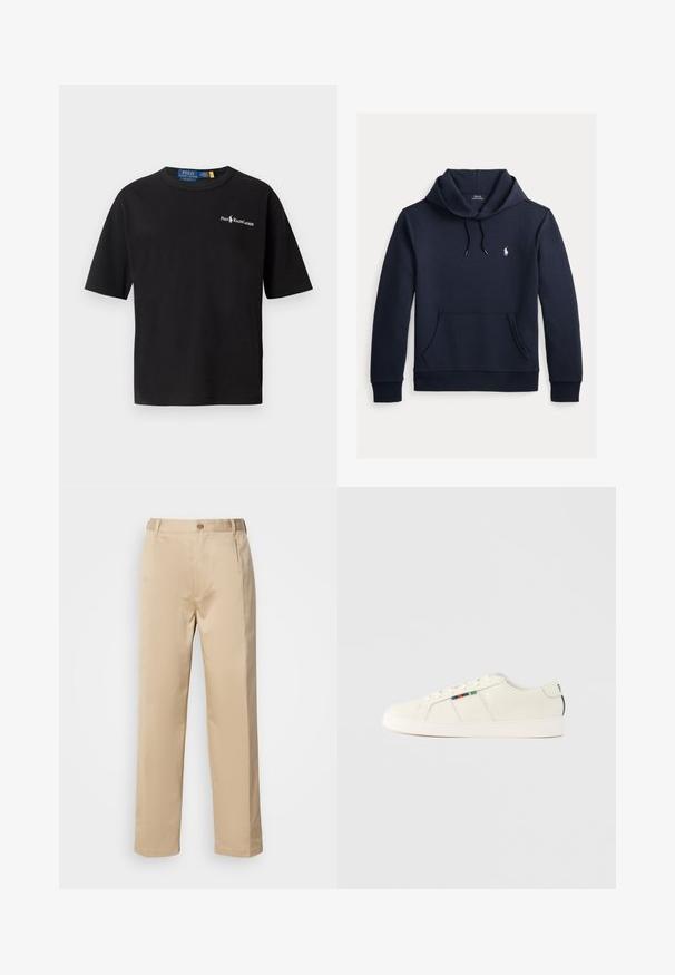 Tmavomodrá mikina s kapucňou so šnúrkou, predným klokanie vreckom, dlhými rukávmi a malým bielym logom Polo Ralph Lauren na hrudi.; Čierne bavlnené tričko s krátkymi rukávmi, okrúhlym výstrihom a bielym logom na ľavej hrudi so textom "Polo Ralph Lauren".; Béžové nohavice vyrobené z ľahkého materiálu, s rovnou nohavicou, pásom s pútkami na opasok a jedným predným zapínaním na gombík.; Svetlo béžové tenisky s hladkou textúrou, šnurovací dizajn a farebný pruhovaný akcent na boku. Biela gumová podrážka. Jednoduchý zadný diel.