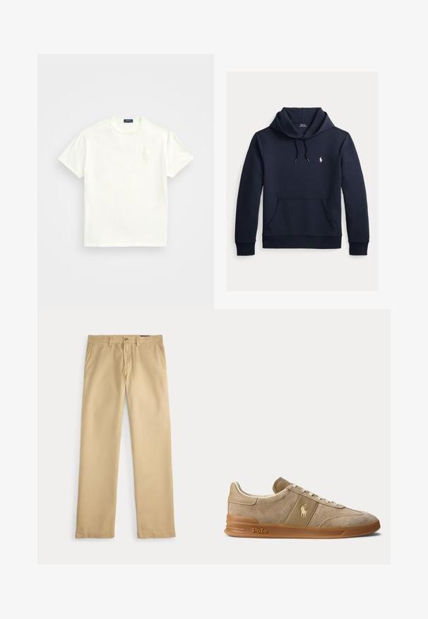 Tmavomodrá mikina s kapucňou so šnúrkou, predným klokanie vreckom, dlhými rukávmi a malým bielym logom Polo Ralph Lauren na hrudi.; Biely bavlnený tričko s okrúhlym výstrihom, krátkymi rukávmi a nenápadným vyšívaným logom koňa na ľavej hrudi. Hladká textúra.; Béžové nohavice s rovnými nohavicami, pútkami na opasok, bočnými vreckami a zapínaním na gombíky na bielom pozadí.; Béžové nízke tenisky z brúseného semišu a kože s gumovou podrážkou, bielymi šnúrkami a logom Polo na boku a na podrážke.