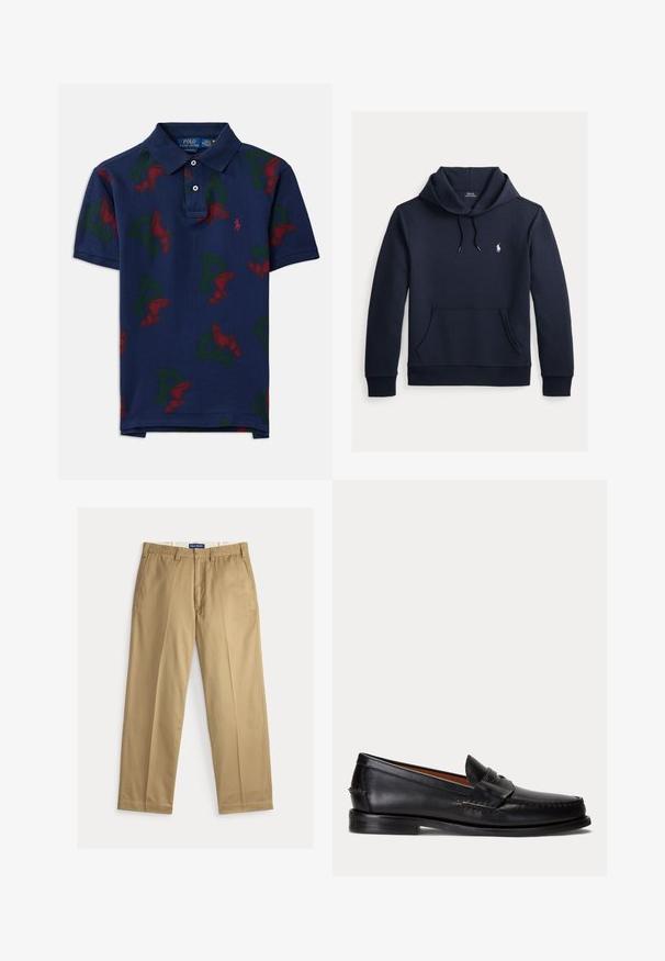 Mørk navyblå hættetrøje med front kangurulomme, snøre i hætten, lange ærmer og lille hvid Polo Ralph Lauren-logo på brystet.; Marineblå bomulds polo med et gentaget mønster af røde vinger og grønne 'P' bogstaver, med en klassisk krave og tre-knaps lukning.; Beige chinos lavet af bomuldsstof. Design med lige ben, flad front, to sidelommer og en talje med knaplukning.; Sort læderloafer med lav hæl og pennyremdetalje, vist fra siden på en lysegrå baggrund.