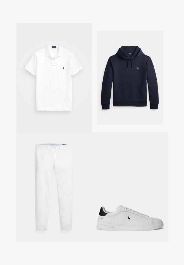Dunkel marineblauer Kapuzenpullover mit vorderer Kängurutasche, Kapuzenkordel, langen Ärmeln und kleinem weißen Polo Ralph Lauren Logo auf der Brust.; Weißes Poloshirt aus Baumwolle. Es hat einen klassischen Kragen, eine Drei-Knopf-Leiste, kurze Ärmel und ein kleines navy Logo auf der Brust.; Weiße Baumwoll-Chinos mit schmaler Passform, ausgestattet mit einem einzigen goldfarbenen Knopfverschluss und einem hellblauen inneren Bund. Glatte Textur ohne Muster.; Weißer Sneaker mit niedrigem Schaft, schwarzem Fersenlasche, Schnürsenkeln und Polo Ralph Lauren Logo an der Seite, mit geprägten Sohlen-Details.