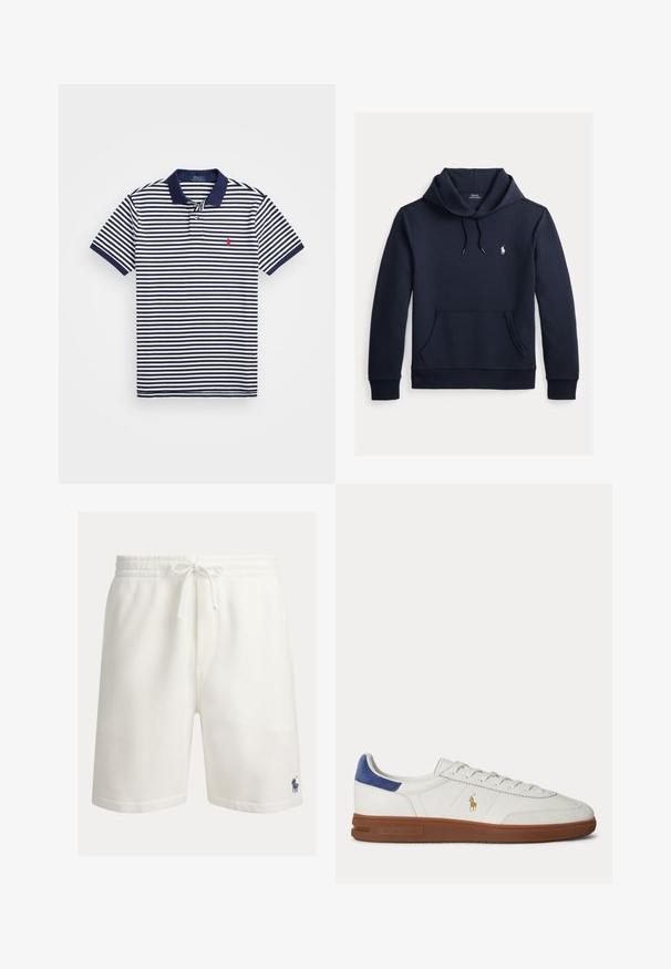 Tmavomodrá mikina s kapucňou so šnúrkou, predným klokanie vreckom, dlhými rukávmi a malým bielym logom Polo Ralph Lauren na hrudi.; Polo tričko s námořnickými a bílými pruhy a jednobarevným námořnickým límcem. Obsahuje malé červené logo na hrudi a krátké rukávy se pruhovanými manžetami.; Biele bavlnené šortky s elastickým pásom, sťahovacou šnúrkou a bočnými vreckami. Na spodnej ľavej strane je malý modrý logo polo.; Biele nízke tenisky s hnedou podrážkou, modrým pätovým pásikom, šnúrkami a zlatým logom Polo Ralph Lauren na boku.