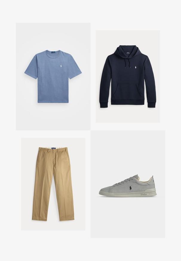 Tmavomodrá mikina s kapucňou so šnúrkou, predným klokanie vreckom, dlhými rukávmi a malým bielym logom Polo Ralph Lauren na hrudi.; Modrá bavlnená tričko s krátkymi rukávmi, okrúhlym výstrihom a bielym vyšitým logom na ľavej strane hrudníka. Hladká textúra, neformálny dizajn.; Béžové chino nohavice z bavlnenej tkaniny. Strih s rovnými nohavicami, s hladkým predným dielom, dvomi bočnými vreckami a pásom so zapínaním na gombík.; Sivá semišová nízka teniska s logom Polo na boku, šnurovanie vpredu a polstrovaná podrážka s potlačou Polo na päte a okraji podrážky.