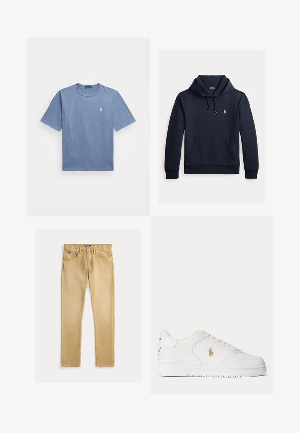 Dunkel marineblauer Kapuzenpullover mit vorderer Kängurutasche, Kapuzenkordel, langen Ärmeln und kleinem weißen Polo Ralph Lauren Logo auf der Brust.; Blaues Baumwoll-T-Shirt mit kurzen Ärmeln, Rundhalsausschnitt und einem weißen bestickten Logo auf der linken Brust. Glatte Textur, lässiges Design.; Beige Baumwolljeans mit schlanker Passform, fünf Taschen-Design und sichtbaren Nähten. Verfügt über einen Metallknopf und ein Etikett am Bund.; Weißer Leder-Sneaker mit niedrigem Schnitt, weißen Schnürsenkeln und einem goldfarbenen Polo Ralph Lauren-Logo an der Seite sowie "Polo" auf der Sohle geprägt.