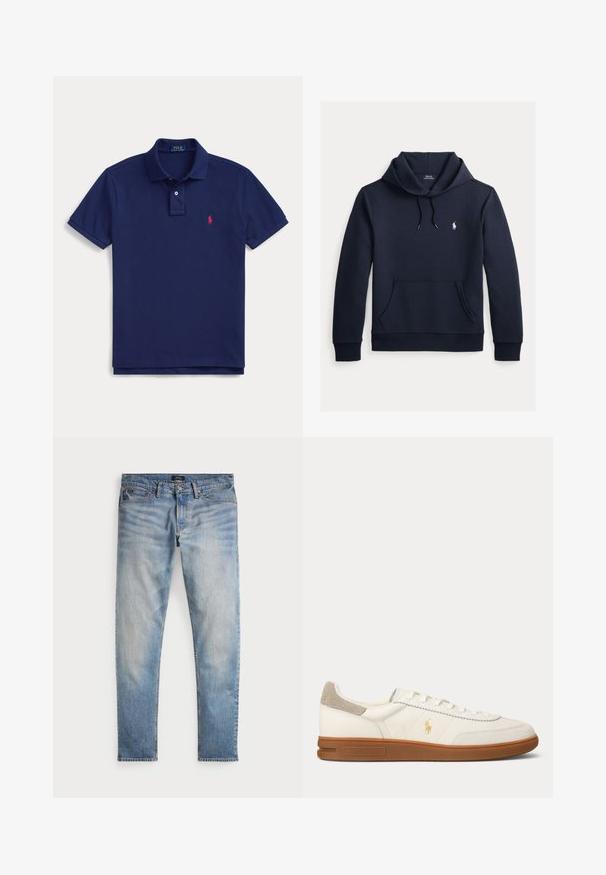 Donker marineblauwe hoodie met voorkangoeroezak, capuchon met trekkoord, lange mouwen en klein wit Polo Ralph Lauren-logo op de borst.; Marineblauw polohemd met kraag, twee knopen, korte mouwen en klein rood Ralph Lauren-logo op de linkerborst.; Lichtblauwe denim jeans met een vervaagde afwerking, vijfzakkenontwerp en contrasterende stiksels. Heeft een ritssluiting en riemlussen. Rechte snit.; Witte leren lage sneaker met bruine rubberen zool, beige suède hielstuk en klein gouden Polo logo aan de zijkant.