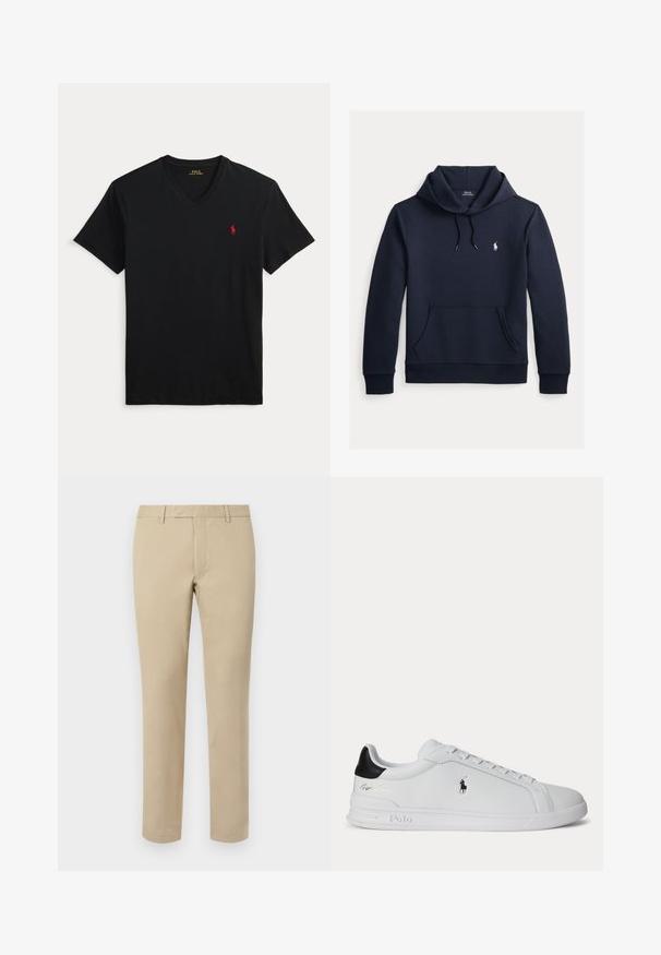 Mørk navyblå hættetrøje med front kangurulomme, snøre i hætten, lange ærmer og lille hvid Polo Ralph Lauren-logo på brystet.; Sort V-hals T-shirt med korte ærmer og et lille rødt Polo Ralph Lauren-logo på venstre bryst.; Beige bomuldsbukser med lige pasform, der har bæltesløjfer, glat front og skræddersyede søm. Glat tekstur og minimal detaljer.; Hvid lavtop sneaker med sort hælfane, snørebånd og Polo Ralph Lauren-logo på siden, med præget såldetaljer.
