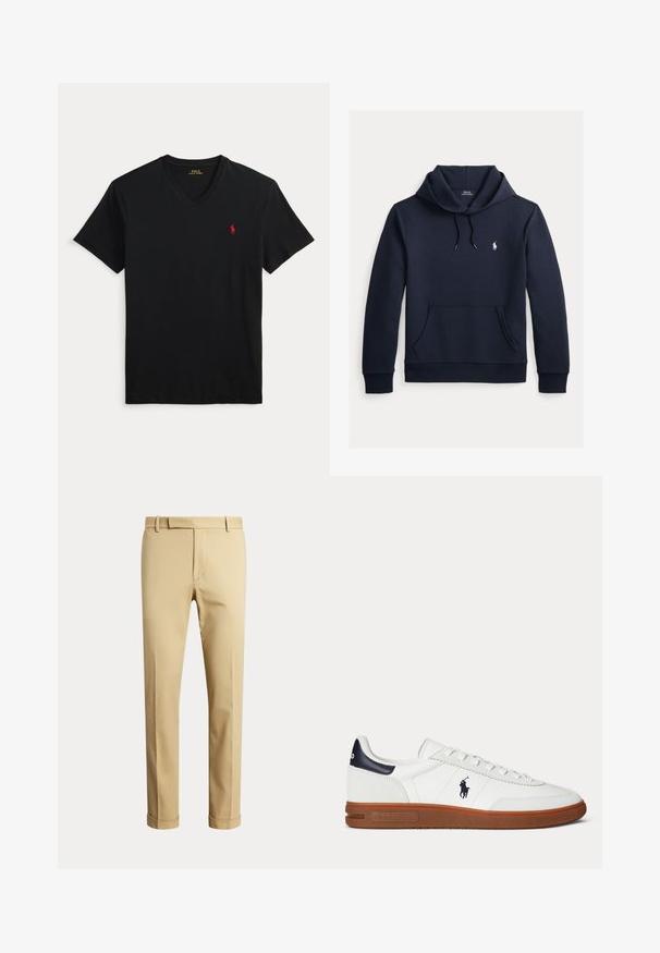 Sudadera con capucha azul navy oscuro con bolsillo canguro delantero, capucha con cordón, mangas largas y pequeño logo blanco de Polo Ralph Lauren en el pecho.; Camiseta negra de manga corta con escote en V y pequeño logo rojo de Polo Ralph Lauren en el pecho izquierdo.; Pantalones beige de hombre a medida con trabillas para cinturón y dobladillos vueltos, mostrados sobre un fondo claro liso.; Zapatilla blanca de corte bajo con suela marrón, parche negro en el talón, logo bordado de un jugador de polo y cordones blancos.