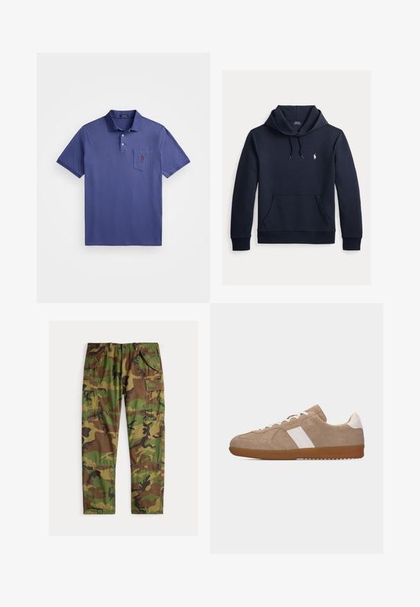 Tume merevärvi kapuutsiga dressipluus esiküljel kengurutasku, kapuuts nööriga, pikad varrukad ja väike valge Polo Ralph Laureni logo rinnal.; Lilla polo särk, mis on valmistatud puuvillast, kolme nööbiga kaelusega, lühikeste varrukatega ja rinnataskuga, millel on punane logo tikand.; Kamoflaažiga cargo püksid, mis on roheliste, pruunide ja mustade toonidega. Omavad mitmeid küljetaskuid ja lahedat lõiget. Puuvillane materjal.; Beežika sametist vabaajajalats valgete küljeribade, valge kandetripi, valgete paelte, kummist tallaga ja väikese kuldse „Polo" logoga külje peal.