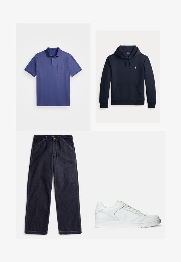 Tume merevärvi kapuutsiga dressipluus esiküljel kengurutasku, kapuuts nööriga, pikad varrukad ja väike valge Polo Ralph Laureni logo rinnal.; Lilla polo särk, mis on valmistatud puuvillast, kolme nööbiga kaelusega, lühikeste varrukatega ja rinnataskuga, millel on punane logo tikand.; Tumesinised sirge säärega teksapüksid kontrastõmblustega, vööaasade ja esi taskutega, laotatud valgele taustale.; Valged nahast spordijalatsid siledast materjalist, millel on ventilatsiooniga varvas, paelad ja kõrvale brodeeritud logo. Valge kummitald.