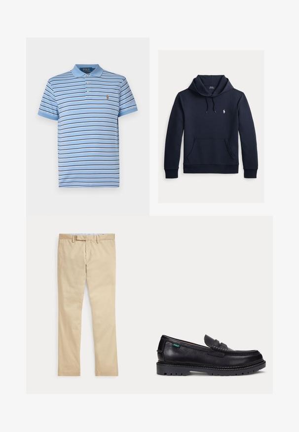 Tume merevärvi kapuutsiga dressipluus esiküljel kengurutasku, kapuuts nööriga, pikad varrukad ja väike valge Polo Ralph Laureni logo rinnal.; Hele heleda sinine puuvillane polo särk, millel on horisontaalsed triibud tumesinises ja valges, kahe nööbi auk ning tikitud logo rinnal.; Beeži sirgete säärega püksid vööaasade ja ees oleva tõmblukuga, laotatud tasaselt valgele taustale.; Mustast nahast loafer paksu soonelise tallaga ja väike roheline "Polo" silt välisküljel kanna lähedal.