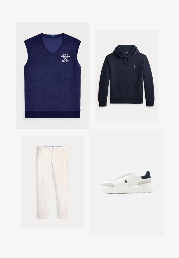 Tume merevärvi kapuutsiga dressipluus esiküljel kengurutasku, kapuuts nööriga, pikad varrukad ja väike valge Polo Ralph Laureni logo rinnal.; Tumesinine ilma varrukateta polo särk froteematerjalist; sellel on V-kujuline kaelus, ribaga kaelus ja valge logo tennise reketitega.; Meeste õhukesed valkjaskollased püksid esikotste, vööaasade ja nööpkinnitusega ühevärvilisel taustal.; Valge madala säärega toss musta kontsatüki, hallide seemisnahast detailide, paksu tallaga ja musta Polo logoga välisküljel.