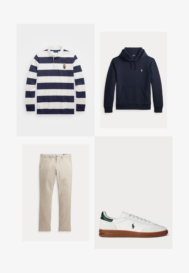 Tume merevärvi kapuutsiga dressipluus esiküljel kengurutasku, kapuuts nööriga, pikad varrukad ja väike valge Polo Ralph Laureni logo rinnal.; Polo Ralph Lauren CLASSIC FIT POLO BEAR RUGBY SHIRT - Pikkade varrukatega topp - blu; Beežid sirgete säärega puuvillased püksid ees taskute, vööaasade, nööbi- ja tõmblukuga, laotatud valgel taustal.; Valge nahast tenniseking rohelise kandmises rõhuasetusega, tekstuuriga sametpaneel, kummist tallad ja tikitud logo küljes. Omab paelaga kinnitust.