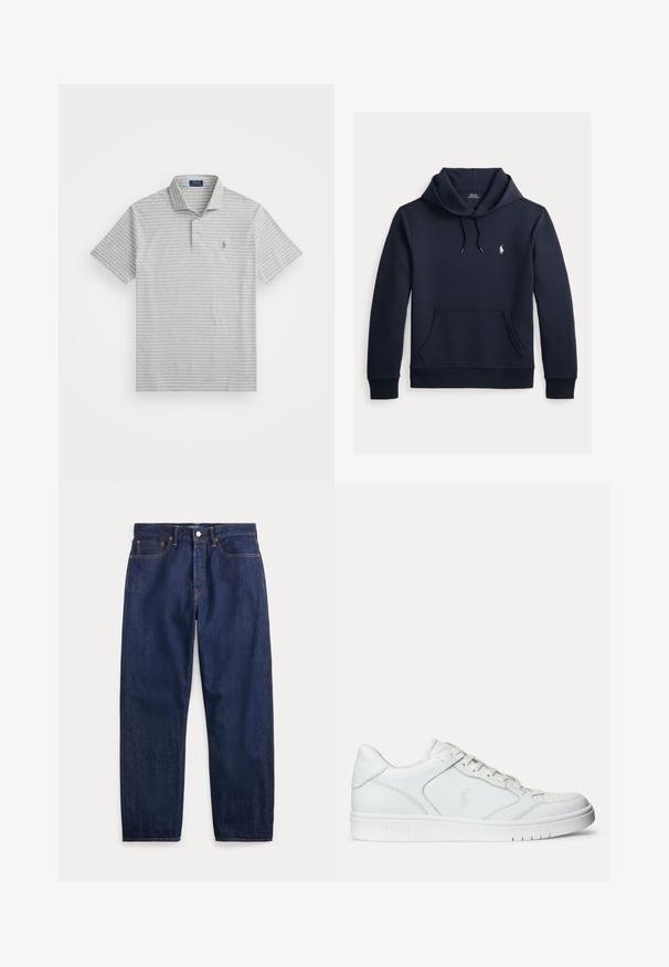 Tume merevärvi kapuutsiga dressipluus esiküljel kengurutasku, kapuuts nööriga, pikad varrukad ja väike valge Polo Ralph Laureni logo rinnal.; Hall sinine polo särk õhukeste valgete triibudega, lühikeste varrukatega, kolme nupuga kaelus ja väike logo vasakul rinnal. Valmistatud pehmest puuvillases kangast.; Tumesinised sirgete säärega teksapüksid, viis taskut, nööpkinnitus ja nähtavad õmblused.; Valged nahast spordijalatsid siledast materjalist, millel on ventilatsiooniga varvas, paelad ja kõrvale brodeeritud logo. Valge kummitald.