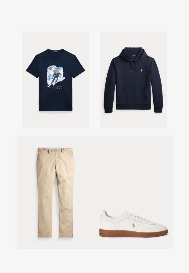 Sudadera con capucha azul navy oscuro con bolsillo canguro delantero, capucha con cordón, mangas largas y pequeño logo blanco de Polo Ralph Lauren en el pecho.; Camiseta de algodón azul marino con un gráfico de un oso esquiando, con gafas de protección, un helicóptero arriba y montañas nevadas al fondo.; Pantalones chinos beige de frente plano con trabillas para cinturón, bolsillos laterales y cierre con botón en la cintura sobre fondo blanco.; Zapatilla blanca de caña baja con suela marrón, cordones en la parte delantera y pequeño logo dorado de Polo Ralph Lauren en el lateral.