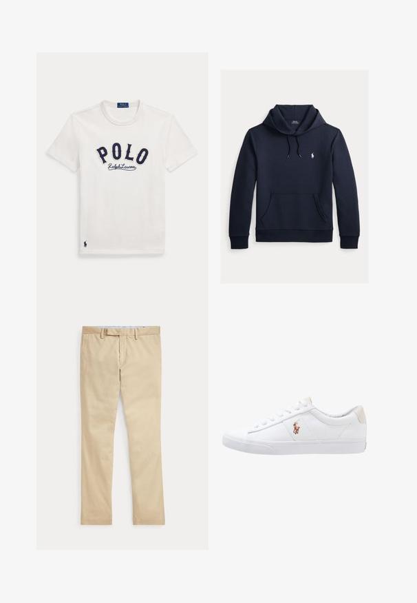 Sudadera con capucha azul navy oscuro con bolsillo canguro delantero, capucha con cordón, mangas largas y pequeño logo blanco de Polo Ralph Lauren en el pecho.; Camiseta blanca de manga corta con texto "POLO Ralph Lauren" en azul marino en el pecho y un pequeño logo de jugador de polo en azul marino cerca del bajo.; Pantalones beige de corte recto con trabillas para cinturón y cremallera frontal, colocados planos sobre un fondo blanco.; Zapatilla de lona blanca con diseño de corte bajo, que cuenta con un taco trasero beige y un pequeño logo bordado en el costado. Suela de goma.