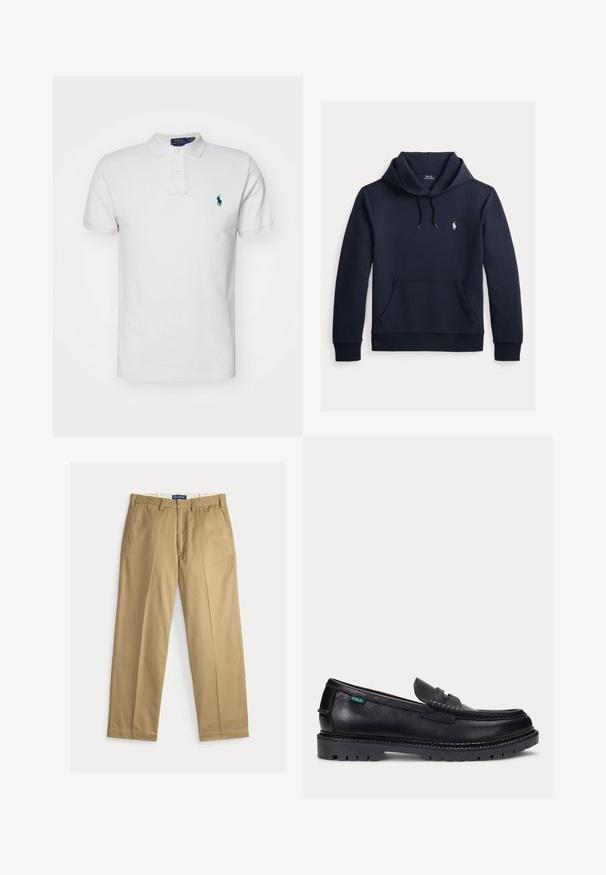 Mørk navyblå hættetrøje med front kangurulomme, snøre i hætten, lange ærmer og lille hvid Polo Ralph Lauren-logo på brystet.; Hvid polo skjorte lavet af bomuld, med en klassisk krave, korte ærmer og et grønt broderet logo på venstre bryst.; Beige chinos lavet af bomuldsstof. Design med lige ben, flad front, to sidelommer og en talje med knaplukning.; Sort læderloafer med tyk, mønstret sål og lille grøn "Polo"-mærke på ydersiden nær hælen.