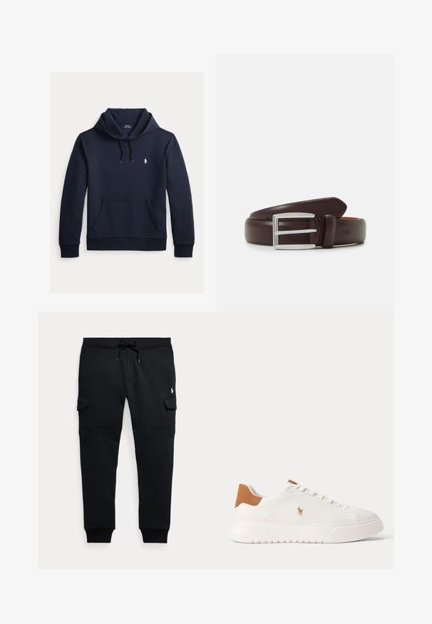 Tmavomodrá mikina s kapucňou so šnúrkou, predným klokanie vreckom, dlhými rukávmi a malým bielym logom Polo Ralph Lauren na hrudi.; Čierne cargo jogger nohavice s šnúrkou v páse, bočné vrecká s chlopňou, rebrované manžety a malé biele logo hráča póla na pravej stehne.; Biely nízky teniska s béžovou pätovou záložkou, bielymi šnúrkami a malým vyšívaným logom hráča póla na boku nad tlustou podrážkou.; Hnedý kožený opasok so striebornou obdĺžnikovou sponou, s hladkou textúrou a klasickým dizajnom. Na koži je vytlačené "POLO".