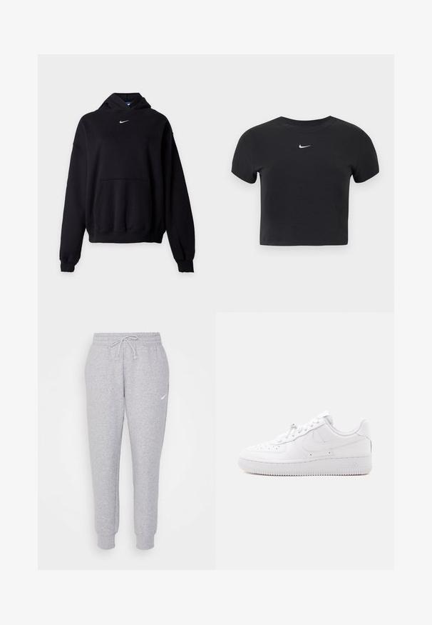 Zwarte Nike hoodie met voorzak, lange mouwen, geribde boorden en zoom, en een klein wit Nike swoosh-logo gecentreerd onder de capuchon.; Zwart cropped t-shirt van katoen, met een ronde hals en korte mouwen. Opvallend wit Nike-logo op de borst.; Lichtgrijze sweatpants met een trekkoord bij de taille, taps toelopende benen en een klein wit logo op de linkerdij. Gemaakt van een zachte, gestructureerde stof.; Low-top witte sneaker met geperforeerde neus, vetersluiting, textuurschoen en een subtiel Swoosh-logo aan de zijkant.