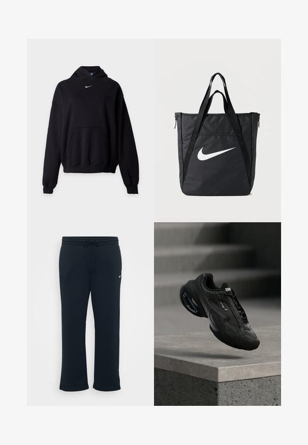 Sort Nike hættetrøje med forlomme, lange ærmer, ribkant ved ærmeafslutning og kant samt lille hvid Nike swoosh logo centreret under hætten.; Sorte sweatpants med elastisk talje og justerbar snor. Har et lille hvidt Nike-logo på venstre side. Blød stofstruktur.; Sort atletiksko med tekstureret læderoverdel, fremtrædende logo og polstret sål. Indeholder abstrakte mønstre og glatte, afrundede detaljer.; Sort nylon shopper med to skulderstropper, med en stor hvid Nike-logo, lynlås og et strømlinet rektangulært design.