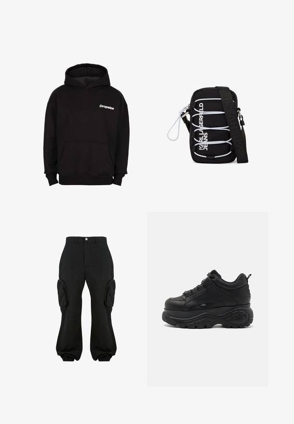 Sudadera con capucha negra, con bolsillo frontal y logo blanco "Dropsize" en el lado izquierdo del pecho.; Pantalones cargo negros con un corte relajado, que cuentan con dos bolsillos laterales, puños elásticos en los tobillos y un cierre de botón en la cintura.; Zapatillas chunky de cuero negro con una suela de goma gruesa, diseño elegante y detalles texturizados. Cuentan con cordones y una pestaña en el talón.; Bolso negro de bandolera con cordones elásticos blancos, herrajes plateados y texto "KARL LAGERFELD JEANS" en blanco en el frente, con una correa ancha negra.