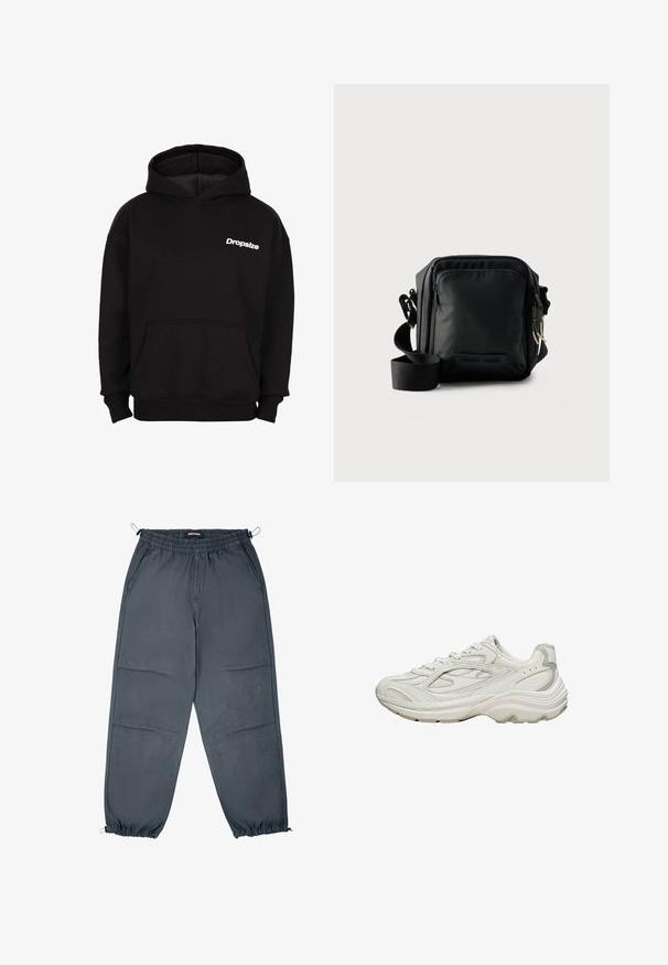 Sort hættetrøje med lomme foran og hvid "Dropsize"-logo på venstre bryst.; Grå joggerbukser med elastisk talje, sidelommer og elastiske manchetter, der har en glat tekstur og lige snit.; Hvid sneaker med en tekstureret overdel og en chunky sål. Den har buede linjer, subtile grå accenter og en snørelukning.; Sort kompakt crossbody taske med front lynlåslomme, justerbar rem og tekstureret stof mod en ensfarvet baggrund.