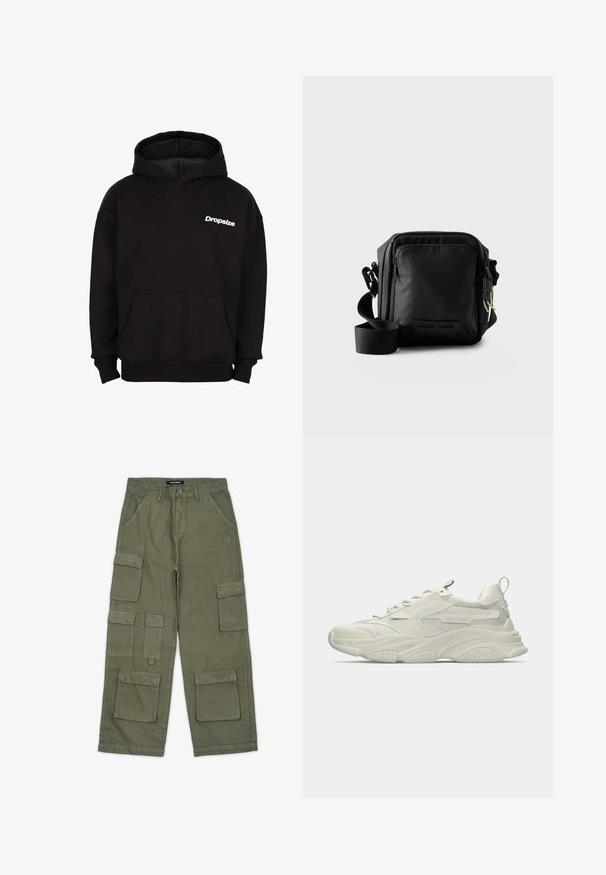 Must have kapuutsiga sviiter, millel on eesmine tasku ja valge "Dropsize" logo vasakul rinnal.; Peaaegu rohelised cargo püksid pehmest materjalist, millel on mitu taskut, sirge lõige ja õmblustega detailid. Brändi logo vööl.; Turskevalge massiivse tossu võrgust detailidega, tekstuurse kummist tallaga ja ümarate vormidega. Omab minimaalset brändimist ja kannal asuvat tõmbenööriga silmust.; Must kompaktne ristihoidmisvöö, esiküljel lukuga tasku, reguleeritav rihm ja tekstuuriga kangas ühevärvilise tausta ees.