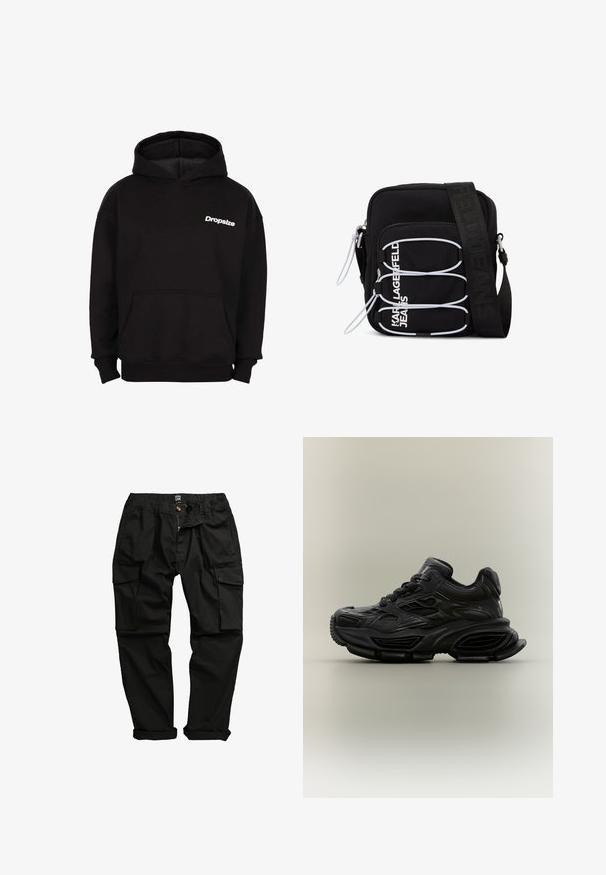 Sort hættetrøje med lomme foran og hvid "Dropsize"-logo på venstre bryst.; Sorte cargo-bukser lavet af bomuldsblanding. Funktioner inkluderer flere lommer, elastisk talje og en let indsnævret ben-design.; Sort chunky sneaker med tekstureret design, tyk sål og snørelukning vist mod en almindelig neutral baggrund.; Sort skuldertaske med hvide elastiske løkker, lynlåstræk og hvid "KARL LAGERFELD JEANS" tekst på frontlommen.