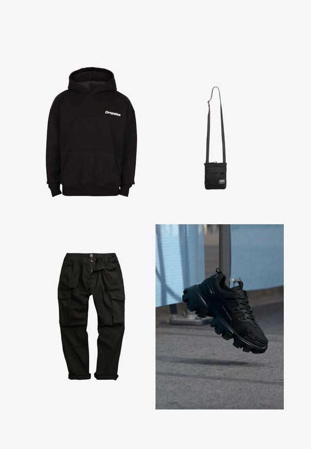 Sudadera con capucha negra, con bolsillo frontal y logo blanco "Dropsize" en el lado izquierdo del pecho.; Pantalones cargo negros fabricados en una mezcla de algodón. Presentan múltiples bolsillos, una cinturilla elástica y un diseño de pierna ligeramente ajustado.; Zapatilla negra y gruesa con suela de taco grueso flotando sobre un pavimento gris, con un fondo desenfocado azul claro y gris.; Bolso cruzado negro con correa ajustable y pequeña etiqueta rectangular blanca con logo en la parte inferior delantera.