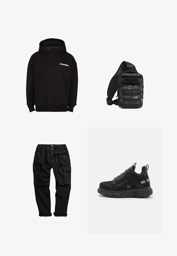 Sudadera con capucha negra, con bolsillo frontal y logo blanco "Dropsize" en el lado izquierdo del pecho.; Pantalones cargo negros fabricados en una mezcla de algodón. Presentan múltiples bolsillos, una cinturilla elástica y un diseño de pierna ligeramente ajustado.; Zapatillas negras con suela gruesa, parte superior de malla y ante, diseño de cordones y acentos de logo. Detalles texturizados en los lados y la parte posterior.; Bolsa táctica de bandolera compacta en camuflaje negro y gris con múltiples compartimentos con cremallera y correa de hombro acolchada y ajustable.