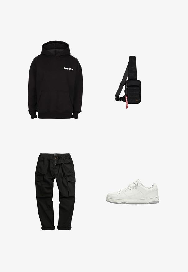 Sort hættetrøje med lomme foran og hvid "Dropsize"-logo på venstre bryst.; Sorte cargo-bukser lavet af bomuldsblanding. Funktioner inkluderer flere lommer, elastisk talje og en let indsnævret ben-design.; Hvid lavtop sneakers med snørebånd foran, detaljeret syning og grå gummisål på hvid baggrund.; Sort skuldertaske lavet af tekstureret stof. Har et lynlåslukket hovedrum, forlom med webbing, justerbar rem og et dekorativt mærke.