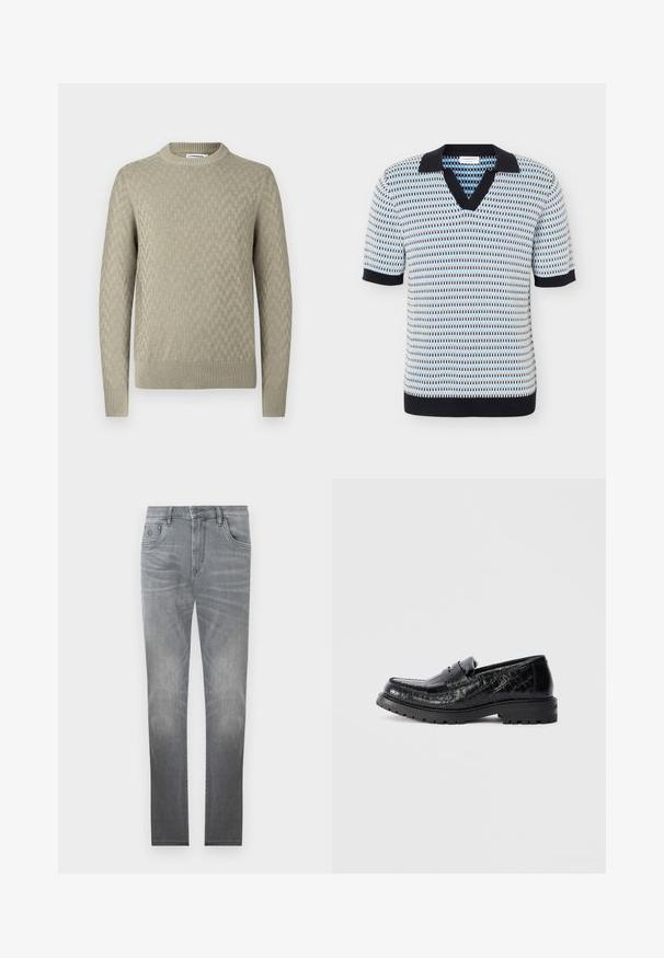 Helles beiges Rundhals-Sweatshirt mit strukturiertem Webmuster, gerippten Bündchen und Saum, vor einem weißen Hintergrund präsentiert.; Kurzärmliges Strick-Poloshirt mit blauem, weißem und schwarzem geometrischem Muster, schwarzem Kragen, Ärmelbündchen und Bund.; Graue Jeans aus Denim mit einem ausgebleichten Design, fünf Taschen, Knopfverschluss und geradem Schnitt. Sanfte Textur mit leichtem Verschleiß an den Kanten.; Schwarzer Loafer aus Leder mit Krokodilleder-Textur, robustem Absatz und Penny-Strap, Seitenansicht, isoliert auf hellgrauem Hintergrund.