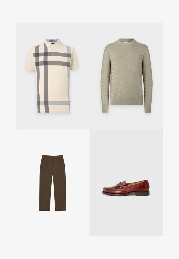 Pull à col rond couleur beige clair avec un motif tissé texturé, des poignets et un ourlet côtelés, présenté sur un fond blanc.; Polo à manches courtes beige avec un grand motif à carreaux noir et gris et un col à boutons, présenté sur un fond uni.; Pantalon marron à jambes droites avec passants de ceinture, bouton à l'avant et poches latérales, présenté sur fond blanc.; Mocassins en cuir brun avec une finition lisse, des coutures décoratives et un accent de gland à l'avant. Talon bas et solide de couleur marron, design épuré.