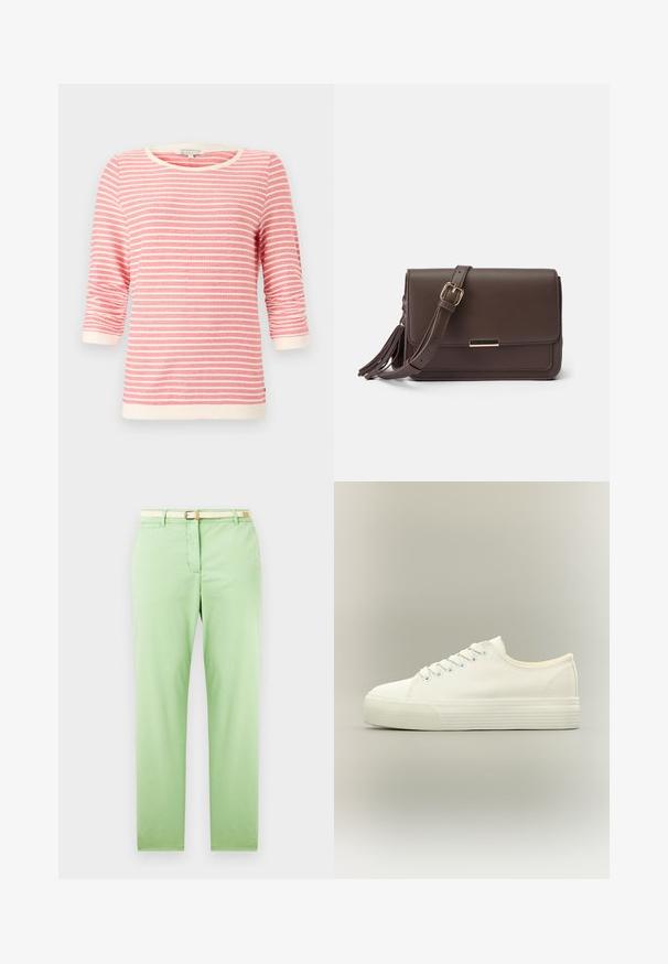 Three-quarter sleeve top in coral with white horizontal stripes. Features a ribbed neck and cuffs, soft fabric, and a relaxed fit.; Light green cotton trousers with a straight fit, featuring a woven beige belt, front pocket, and no visible patterns or embellishments.; White low-top canvas sneaker with lace-up front and thick textured rubber sole on a neutral background.; Brown faux leather crossbody bag with a flap closure, gold-tone hardware, and side tassel detail. Adjustable strap for versatile wear.