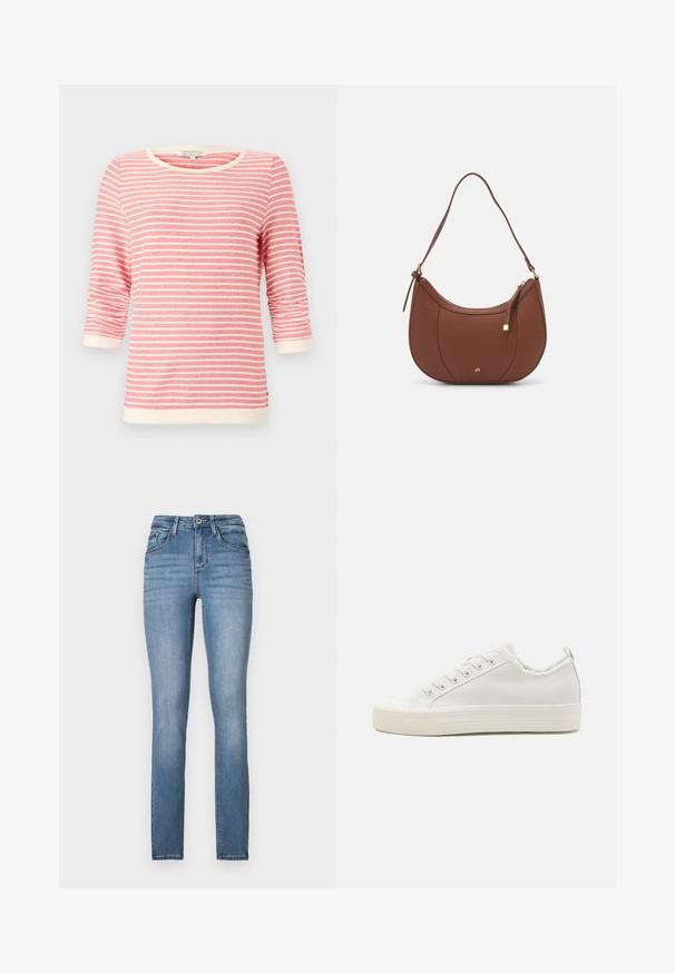 T-shirt à manches trois-quarts en corail avec des rayures horizontales blanches. Doté d'un col et de poignets côtelés, en tissu doux et à coupe décontractée.; Jean skinny en denim bleu clair avec taille haute, cinq poches, décoloration subtile et détails de couture contrastants.; Baskets en toile blanches avec une tige texturée, bout rond, semelle plate et laçage à l'avant. Présentent un col légèrement effiloché et une languette.; Sac à épaule en faux cuir brun, de forme arrondie, avec des coutures minimales et un accent en matériel doré. Il possède une fermeture zippée sur le dessus et une sangle réglable.