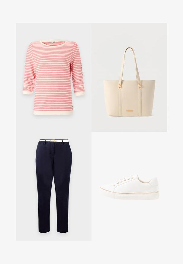 Camiseta de tres cuartos de manga en color coral con rayas horizontales blancas. Presenta un cuello y puños acanalados, tejido suave y un corte holgado.; Chinos navy de corte slim, fabricados en algodón, con un cinturón blanco que presenta una hebilla en tono dorado. Textura suave, piernas rectas, diseño minimalista.; Zapatilla blanca con parte superior de piel lisa, ojales dorados y un detalle dorado alrededor de la suela. Suela de goma plana con textura para mayor agarre.; Bolso tote texturizado de color crema con asas largas y detalles en metal dorado sobre un fondo neutro.