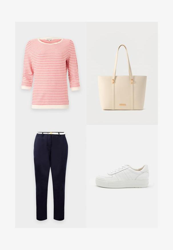 Camiseta de tres cuartos de manga en color coral con rayas horizontales blancas. Presenta un cuello y puños acanalados, tejido suave y un corte holgado.; Chinos navy de corte slim, fabricados en algodón, con un cinturón blanco que presenta una hebilla en tono dorado. Textura suave, piernas rectas, diseño minimalista.; Zapatilla blanca de cuero con parte superior texturizada, cuello acolchado y suela de goma plana. Presenta costuras sutiles y un diseño clásico de cordones.; Bolso tote texturizado de color crema con asas largas y detalles en metal dorado sobre un fondo neutro.