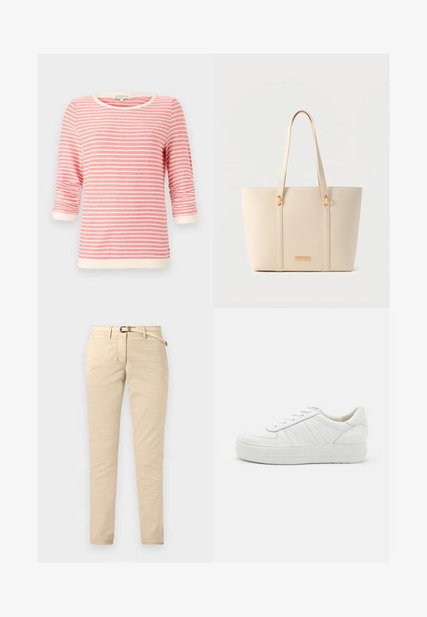 T-shirt à manches trois-quarts en corail avec des rayures horizontales blanches. Doté d'un col et de poignets côtelés, en tissu doux et à coupe décontractée.; Chinos beige en coton avec une texture lisse, dotés d'une ceinture tissée et de poches standard. Coupe slim avec des jambes droites.; Baskets en cuir blanc avec une tige texturée, un col rembourré et une semelle en caoutchouc plate. Présente des coutures discrètes et un design classique à lacets.; Sac fourre-tout texturé couleur crème, avec longues anses et détails métalliques dorés sur un fond neutre.