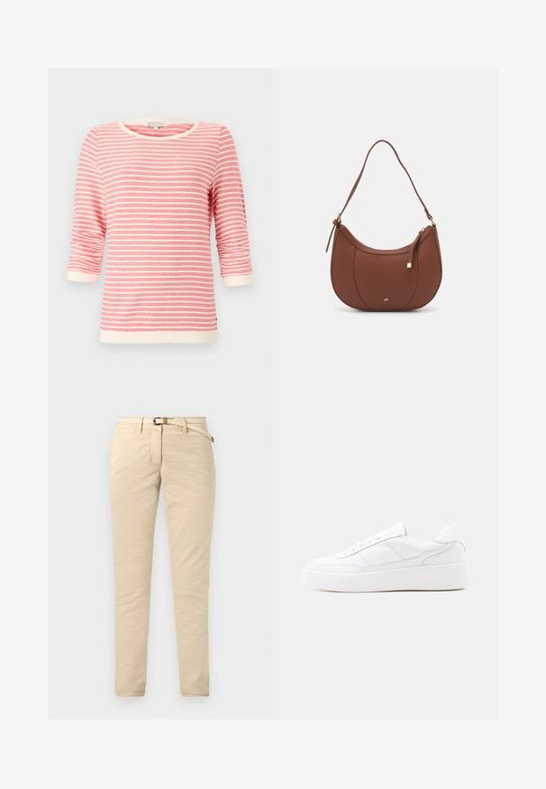 T-shirt à manches trois-quarts en corail avec des rayures horizontales blanches. Doté d'un col et de poignets côtelés, en tissu doux et à coupe décontractée.; Chinos beige en coton avec une texture lisse, dotés d'une ceinture tissée et de poches standard. Coupe slim avec des jambes droites.; Baskets basses blanches avec semelle épaisse, design à lacets et détails de couture subtils sur un fond clair uni.; Sac à épaule en faux cuir brun, de forme arrondie, avec des coutures minimales et un accent en matériel doré. Il possède une fermeture zippée sur le dessus et une sangle réglable.