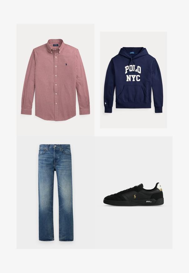 Navyblaue Kapuzenjacke aus Baumwollmischung, mit vorderer Kängurutasche, verstellbarer Kapuze und weißer Aufschrift "POLO NYC". Kleines Logo auf dem Ärmel.; Langärmeliges rot-weiß kariertes Hemd mit Knöpfen, Kragen und blau besticktem Logo auf der linken Brust.; Blau ausgewaschene, gerade geschnittene Jeans mit vorderem Knopf- und Reißverschluss, Gürtelschlaufen und Vordertaschen auf einfarbigem Hintergrund.; Schwarzer Sneaker mit niedrigem Schaft, goldenem Polo-Logo an der Seite, weißem Fersenband mit Polo-Schriftzug und „RL“ in Weiß auf schwarzer Sohle.