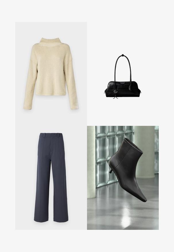 Suéter de punto color crema con cuello alto, que presenta un corte relajado y textura de canalé, mangas largas y una longitud corta.; Pantalones de pierna ancha en tejido gris oscuro. Las características incluyen una cintura alta, pliegues en la parte delantera y una textura suave con pasadores para cinturón.; Bota de cuero negro para el tobillo con puntera puntiaguda y tacón pequeño, exhibida frente a una pared de bloques de vidrio y un suelo pulido.; Bolso de hombro negro de cuero con textura de cocodrilo, con correas largas y un pequeño colgante de logo plateado en una correa.