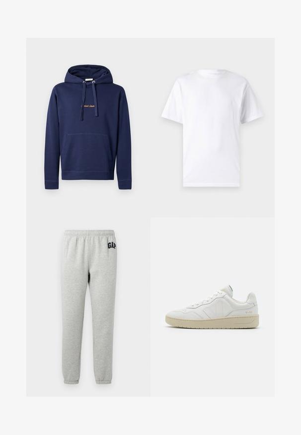 Haut à capuche bleu marine en coton avec poche kangourou, capuche avec cordon de serrage et texte brodé sur la poitrine. Design simple avec des poignets côtelés.; T-shirt blanc à manches courtes en coton avec un col rond, présentant une texture lisse et un design simple, sans motifs ni accents.; Pantalons de survêtement gris avec une taille élastique, des chevilles resserrées et un logo "GAP" bleu marine sur la cuisse supérieure gauche. Tissu doux en mélange de coton.; Baskets en cuir blanc avec une finition texturée et un col rembourré. Elles sont dotées d'une semelle en caoutchouc beige et d'une discrète branding sur le talon et le côté.