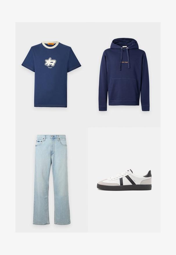 Marineblauwe hoodie van katoen met een kangoeroezak, capuchon met trekkoord en geborduurde tekst op de borst. Eenvoudig ontwerp met geribbelde manchetten.; Navyblauw katoenen t-shirt met een contrasterende crèmekleurige kraag, voorzien van een grote witte logo-afbeelding op de borst en de merknaam eronder.; Lichtblauwe denim jeans met een losse, wijde pasvorm. Bevat vijf zakken, riemlussen en een ritssluiting met een knoopsluiting.; Witte sneaker met zwarte en grijze accenten, voorzien van een grijze neus met textuur, zwarte rubberen zool en platte witte veters. Schoon ontwerp, minimalistische stijl.
