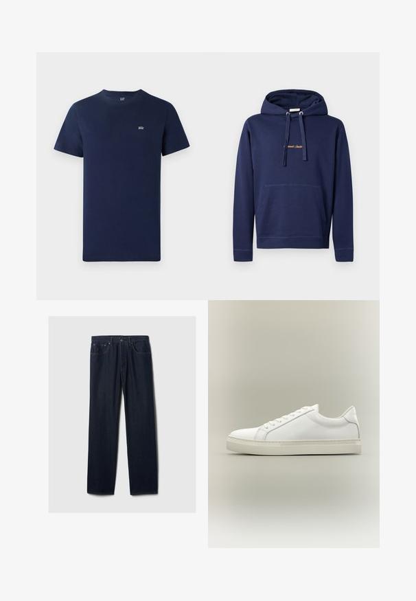 Haut à capuche bleu marine en coton avec poche kangourou, capuche avec cordon de serrage et texte brodé sur la poitrine. Design simple avec des poignets côtelés.; T-shirt en coton bleu marine avec des manches courtes, un col rond et un petit logo brodé sur la poitrine. Design simple, texture dépouillée.; Jeans en denim bleu foncé à jambe droite avec un design à cinq poches, fermeture à bouton et couture visible sur un fond clair.; Baskets blanches basses à lacets sur l’avant et semelle épaisse, vues de côté sur un fond neutre.