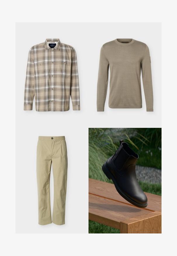 Pull beige en maille à manches longues avec col rond, poignets et ourlet côtelés, comportant un petit patch sur la partie supérieure de la manche gauche.; Chemise à manches longues à carreaux beige et marron, avec boutons sur le devant et deux poches poitrine, présentée sur un fond blanc.; Pantalon beige à jambes droites avec fermeture par boutons, passants de ceinture et plis avant sur un fond uni clair.; Bottine en cuir noir avec panneaux latéraux élastiques, bout rond et semelle extérieure en caoutchouc texturée, flottant au-dessus d'une table en bois.