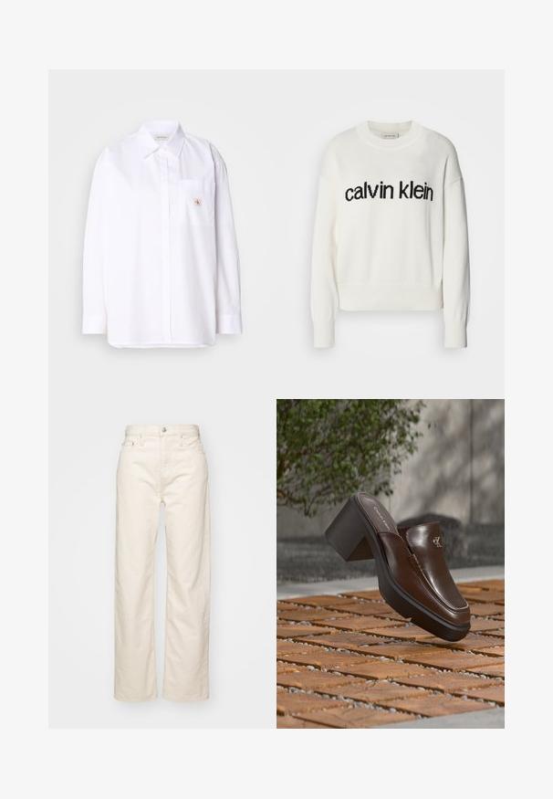 Biely pletený sveter s okrúhlym výstrihom a dlhými rukávmi, na prsiach s čiernym logom "calvin klein". Mäkka textúra, skrátený strih.; Biela bavlnená košeľa na gombíky s dlhými rukávmi, s náprsné vreckom a malou nášivkou CK na vrecku. Hladká textúra a prispôsobený strih.; Svetlé béžové džínsy s širokým strihom vyrobené z denimu, s vysokým pásom, piatimi vreckami a prešitou detailiou pozdĺž švov.; Hnedý kožený Calvin Klein šľapák na podpätku vznášajúci sa nad prírodnou dlažbou s rozmazanou zelenou rastlinou a stenou v pozadí.