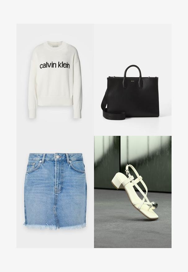 Pull en tricot blanc avec un col rond et des manches longues, présentant un logo "calvin klein" noir sur la poitrine. Texture douce, coupe courte.; Jupe en denim bleu avec une coupe ajustée, ourlet brut et poches avant classiques. Texture lisse avec un léger dégradé pour un look décontracté.; Sandale blanche à lanières avec un petit talon bloc et une orbe métallique argentée décorative sur la lanière avant, posée sur une surface grise avec un fond vert flou.; Sac à main en cuir noir avec deux anses supérieures et une bandoulière amovible. Présente une texture lisse et un design minimaliste avec un logo subtil.