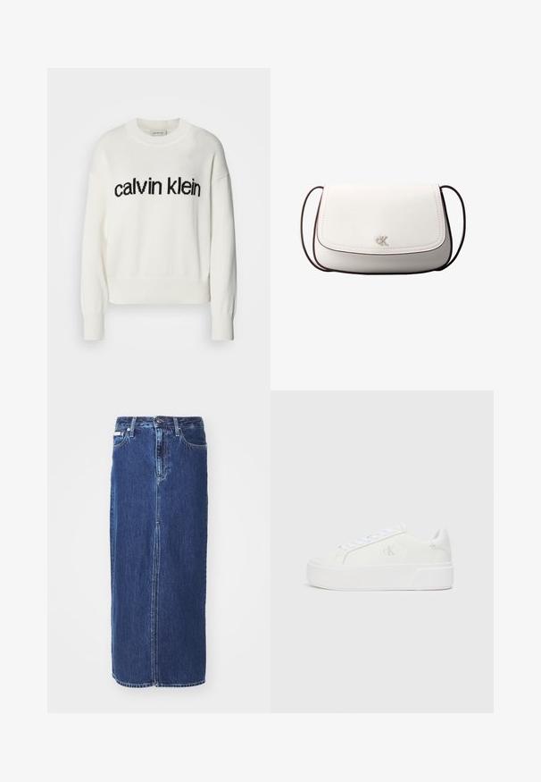Hvid strikket sweater med rund halsudskæring og lange ærmer, med et sort "calvin klein" logo over brystet. Blød tekstur, cropped snit.; Mørkeblå denimnederdel, knælang, med slidse foran, traditionel talje og fem-lommes design med kontrasterende syninger.; Hvide platform sneakers med en glat læderoverdel, rund tå, hvide snørebånd og diskret logo-detalje på siden. Flad gummisål.; Hvid skuldertaske med klaplukning, lille sølv "cK" logo i midten og tynd, justerbar, mørkebrun rem.