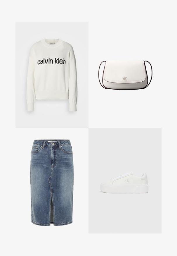 Valge kudum, millel on ümmargune kaelus ja pikad varrukad, ees must "calvin klein" logo. Pehme tekstuur, lühike lõige.; Sinine denimist põlvekõrgune seelik, millel on esiküljel keskel lõige, viie taskuga disain ja nupuga kinnitamine talje juures.; Valged platvormiketid sileda nahkjalaga, ümmargune varvas, valged paelad ja peen logo detail küljel. Lame kummist tald.; Valge risti kehakott klapi sulgemisega, keskel väike hõbedane "cK" logo ning õhuke tumepruun reguleeritav rihm.